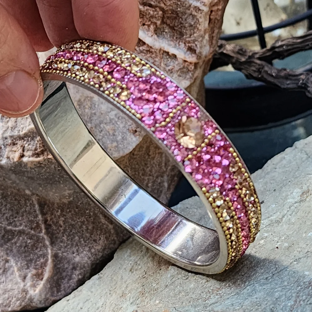 ❤️ Sparkling Hot Pink Crystals Silver Bracelet Wide Indian Bangle jewelry